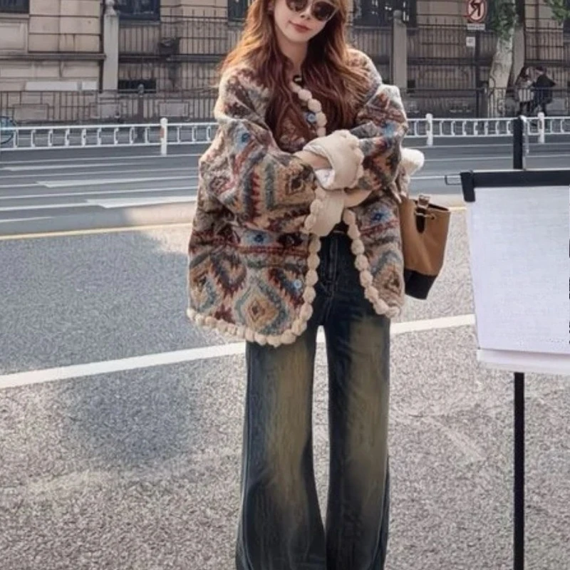 Women's Vintage Fair Isle Fleece Coat Loose Winter Warm Ethnic Print Lambswool Outerwear Casual Streetwear Fashion Coat