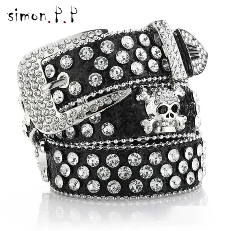 Belts Womens Skull Rhinestone Belt Long Belt Denim Style Outdoor High Quality Diamond Belt Western Punk Rhinestone Womens