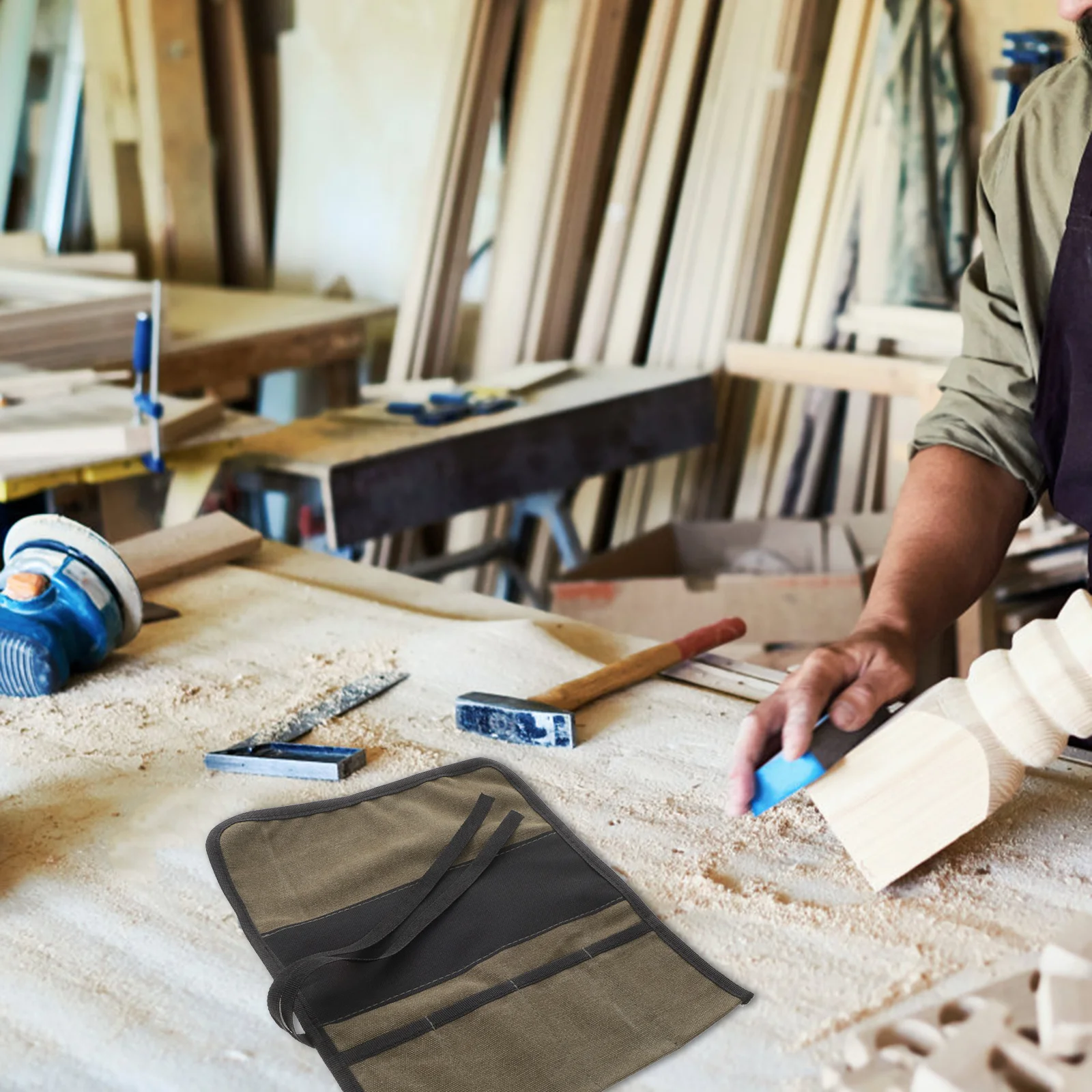 

Woodworking Tool Pack: Heavy Duty Canvas Roll Up Organizer Bag For Wrenches Screwdrivers Pliers Keys Spanner Chisel Storage Tool