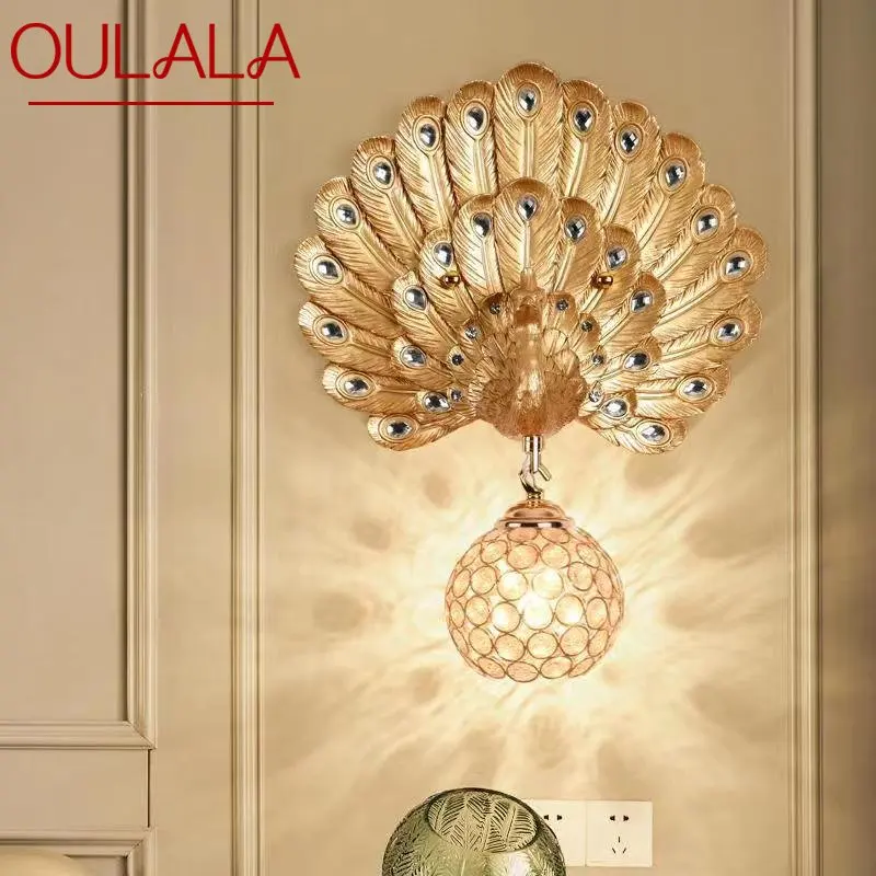 OULALA Contemporary Resin Peacock Wall Light LED Gold Creative Crystal Sconce Lamps For Home Living Room Bedroom Decor