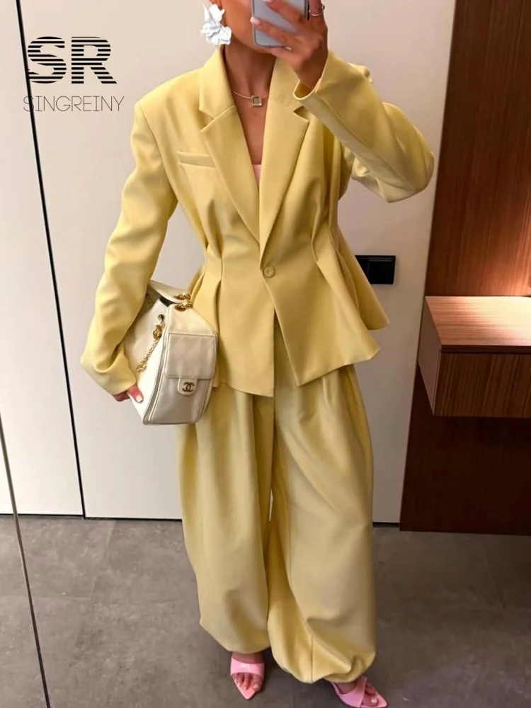 SINGREINY Women Pant Set Two Piece Sets Autumn Long Sleeve Coat+Wide Leg Long Pants Streetwear Y2K Winter Casual Blazer Suits
