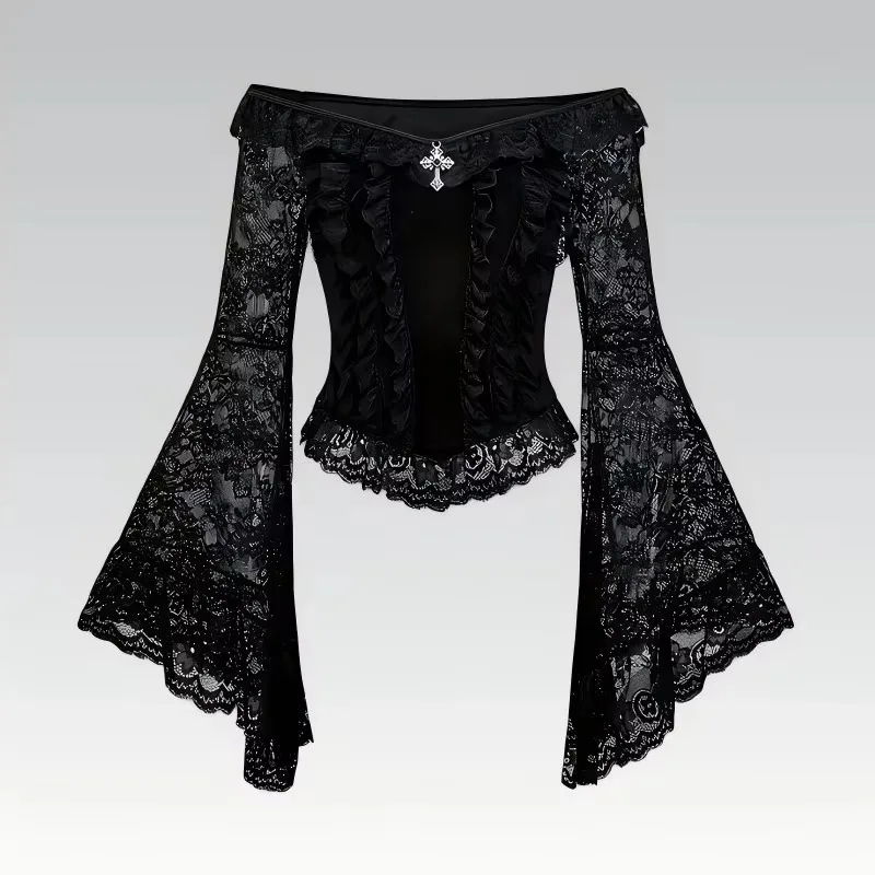 Gothic Vintage Black Lace Off Shoulder Crop Tops Women French Elegant Metal Decor Mesh Slim Blouse Punk Y2K Ruffle Shirt New