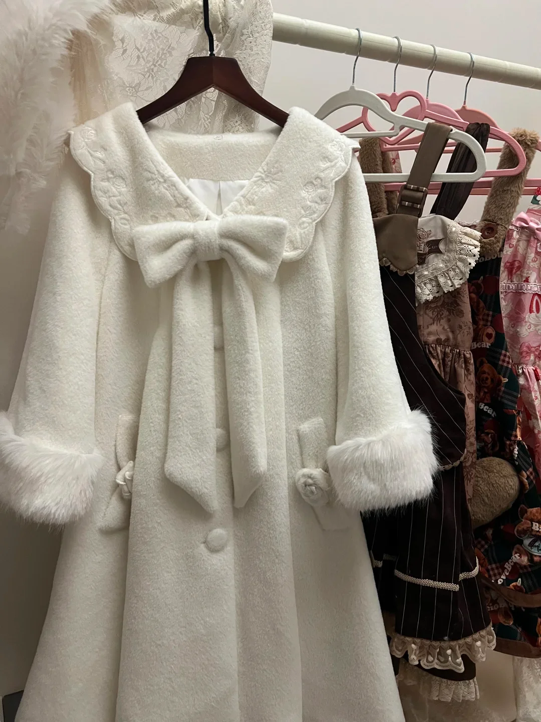 Autumn Winter Sweet Elegant Overcoat Women Y2k Bow Lolita Princess Design Retro Warm Coat Female Chic Korean Popular Clothes