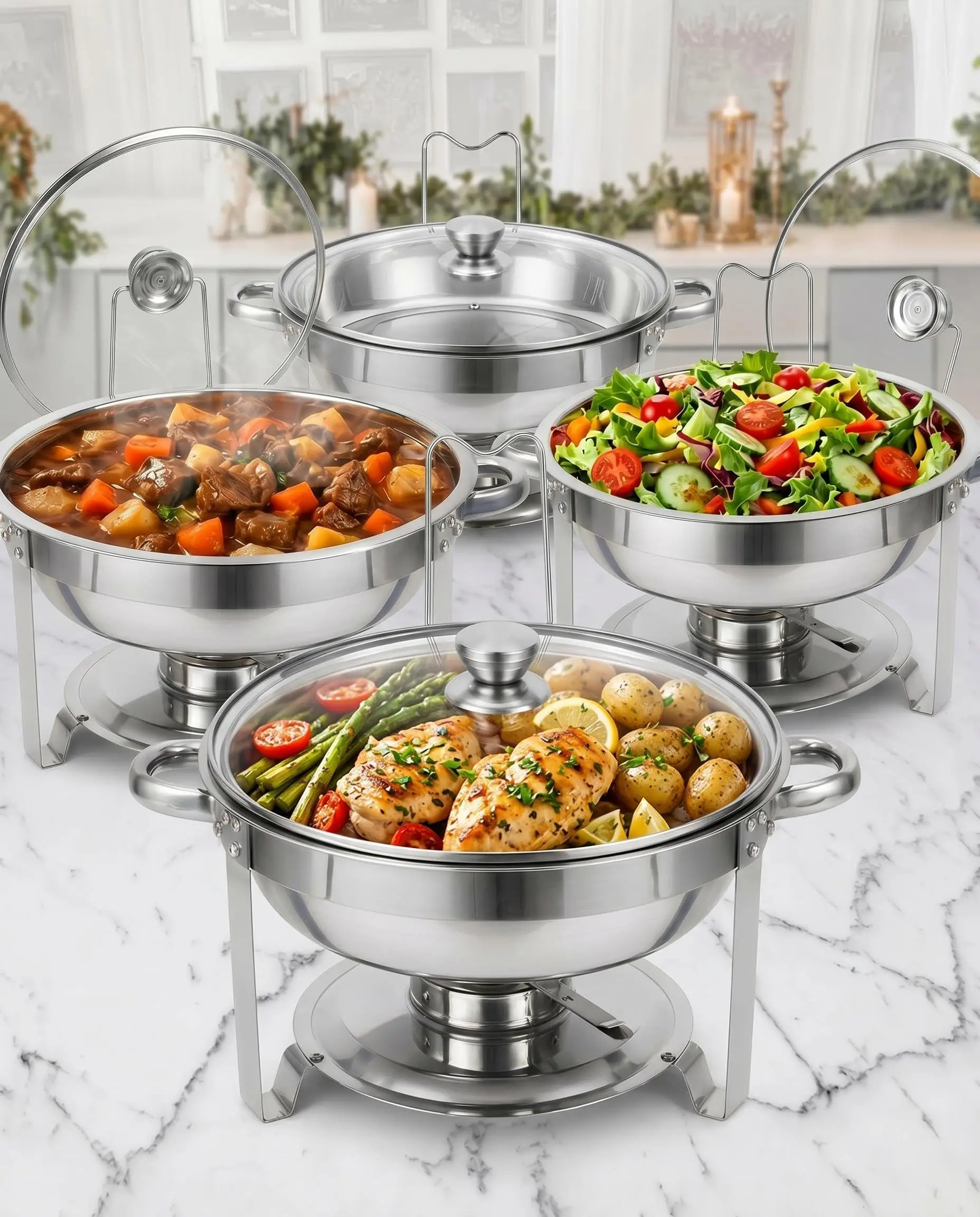 Elegant 5QT Stainless Steel Chafing Dishes with Glass Lids, Gold Rimmed Round Buffet Servers & Warmers for Parties, Catering, Weddings, Banquets and Events