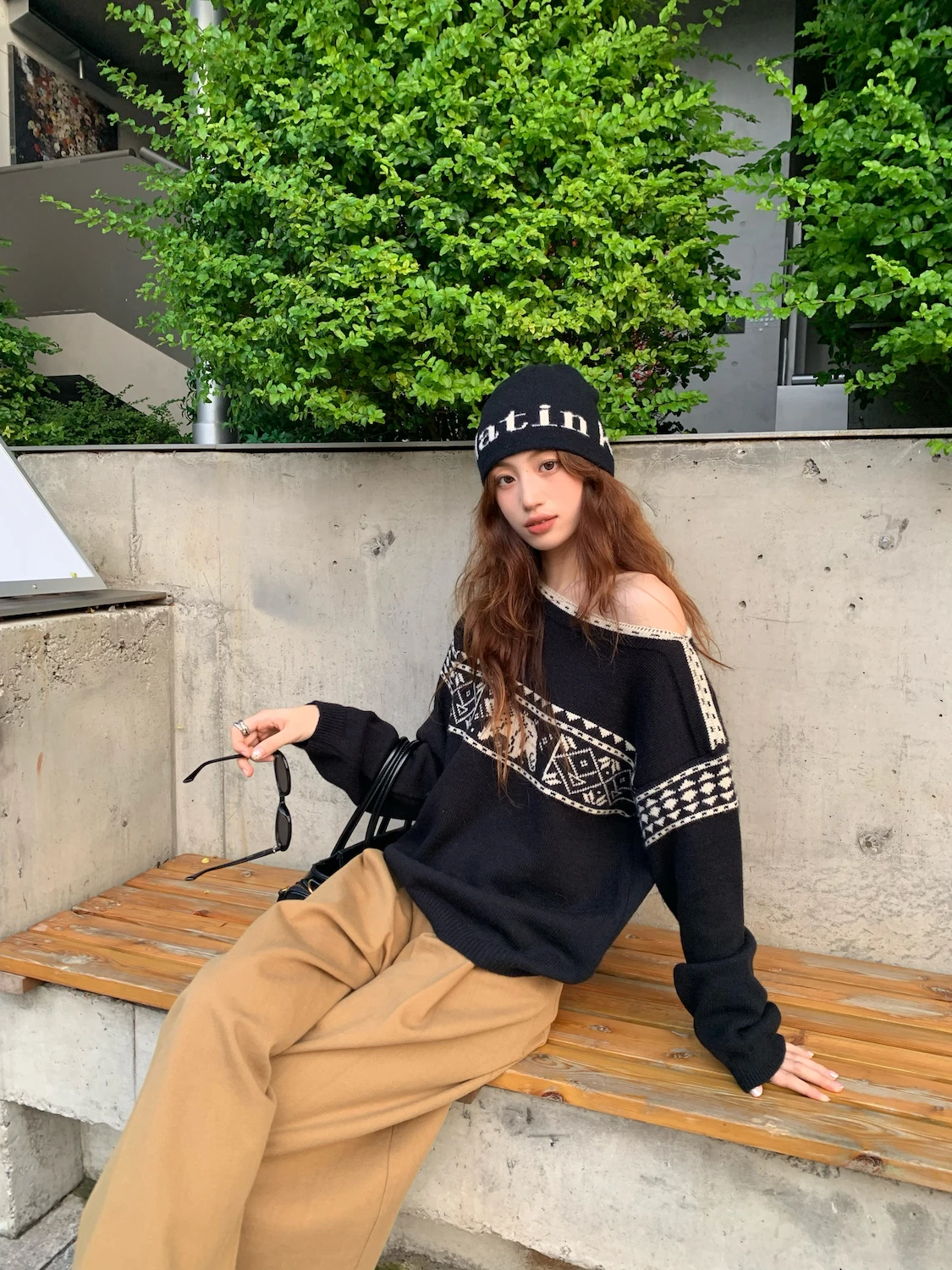 

7arewill Korean Sle Vintage oulder Bared Diamond Patterned Sweater Autumn New Arrival Women's Loose Fit Long Sve Thermal