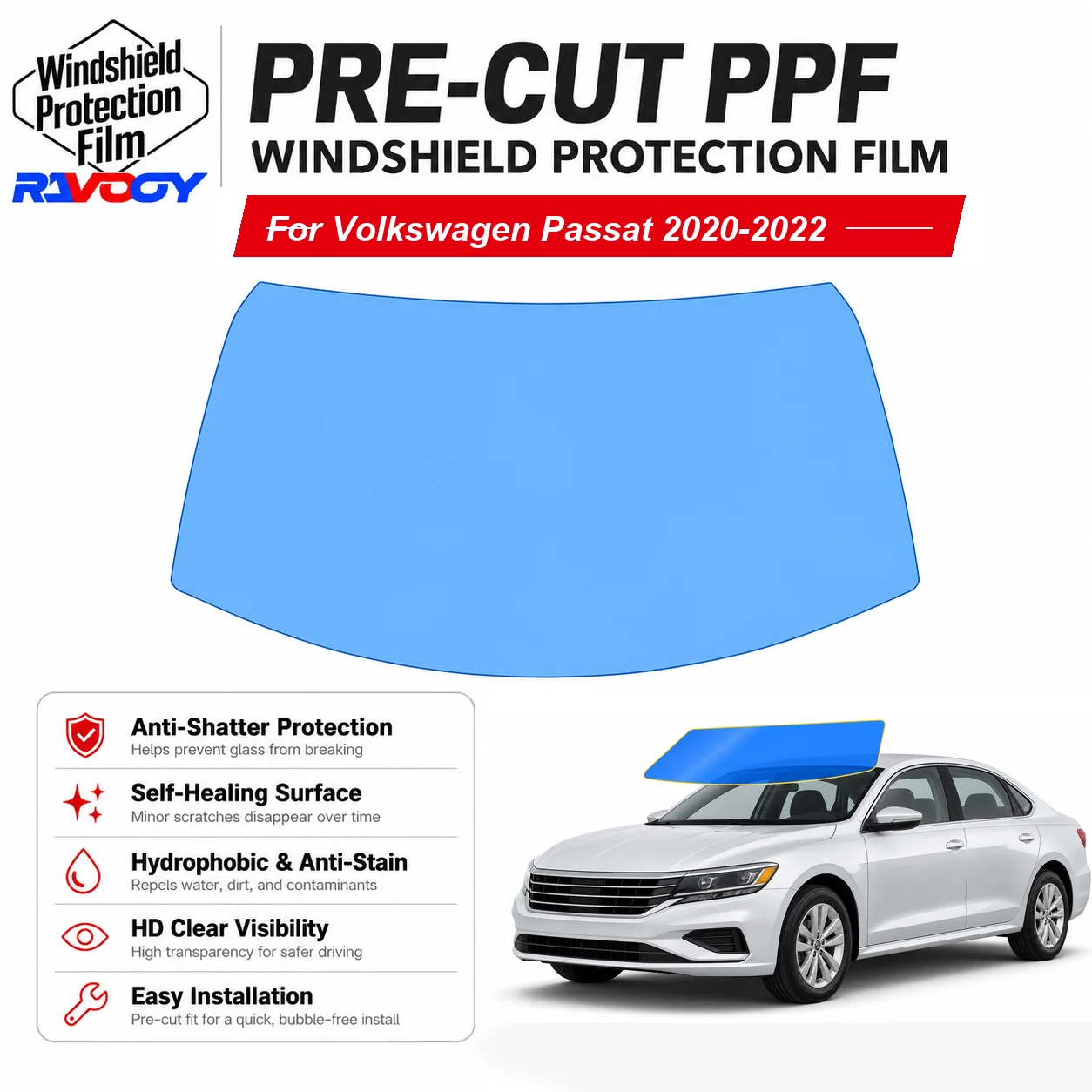 RAVOOY Pre-Cut Front Windshield Protection Film For Volkswagen Passat 4D Sedan 2020-2022 6.5mil Clear TPU UV Blocking Tool Kit