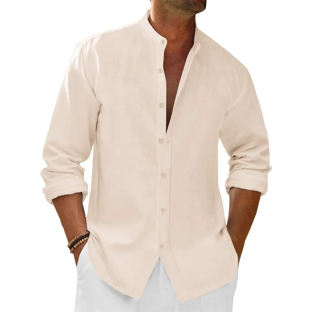 

Men's Spring Summer Cotton Linen Henley Neck Shirt Solid Color Lightweight Beach Style Vacation Long Sleeve Shirt