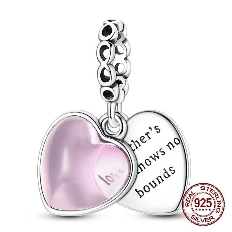 925 Sterling Silver Mother's Love Double Heart Dangle Charm Engraved Design Pendant Fit Bracelets Jewelry for Women Gift