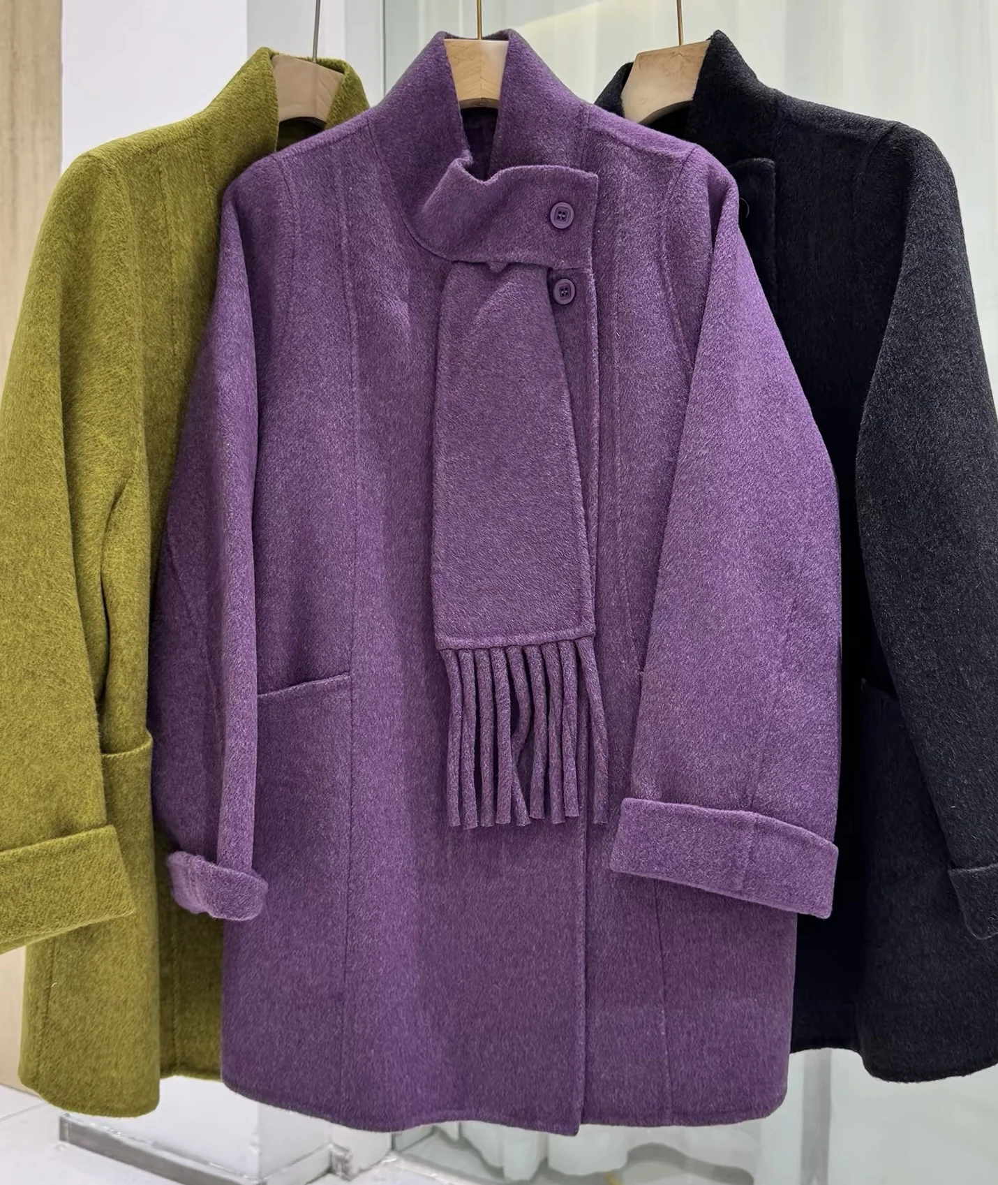 Women Wool Outerwear Stand Collar Tassel Scarf Collar Mid Length Korean Loose Double Sided Wool Coat Winter Woolen Overcoat
