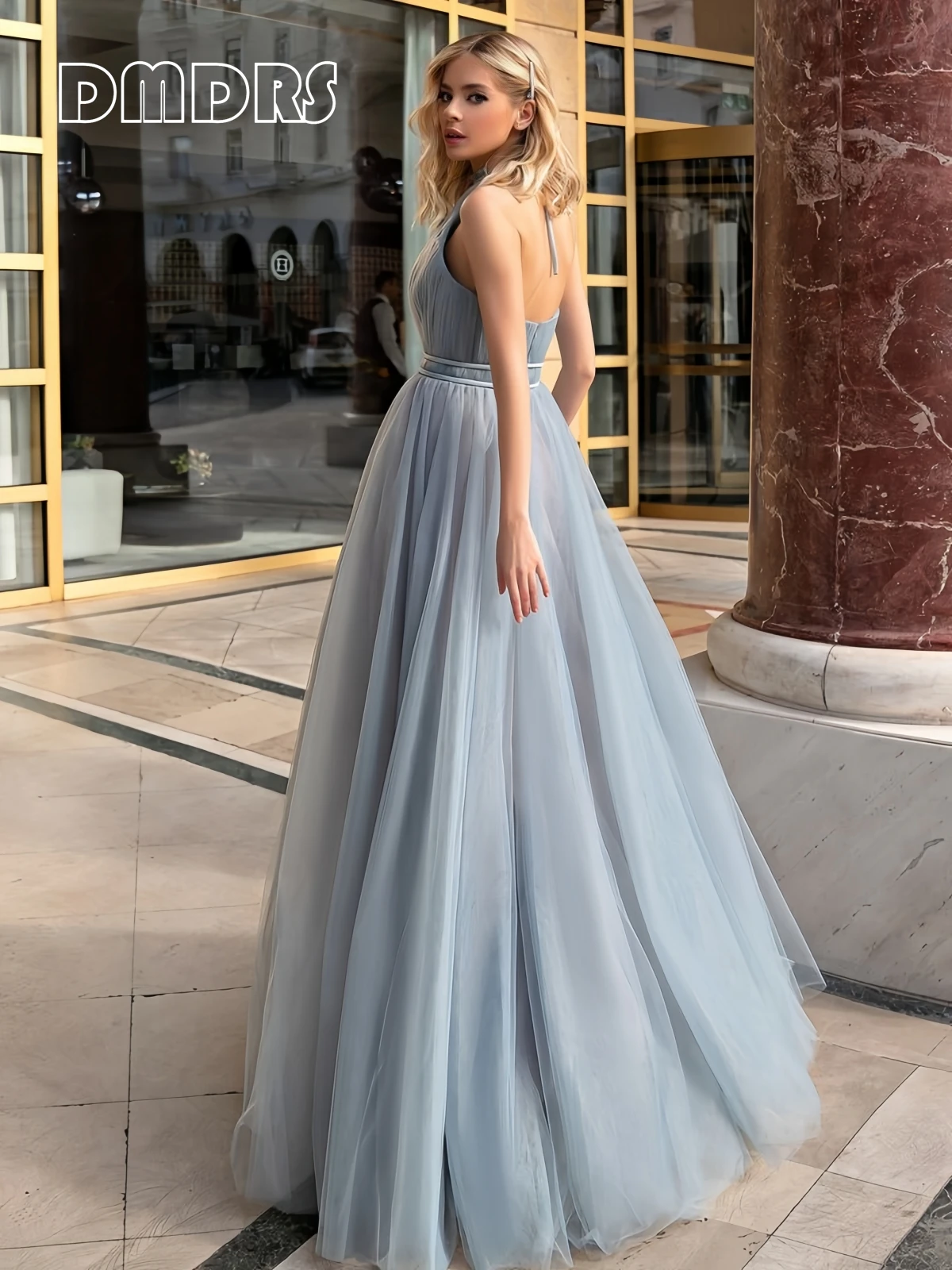 Dusty Blue Tulle Long Formal Dress for Women, Sleeveless Halter Evening Dresses, Customized Colors Birthday Party Gown