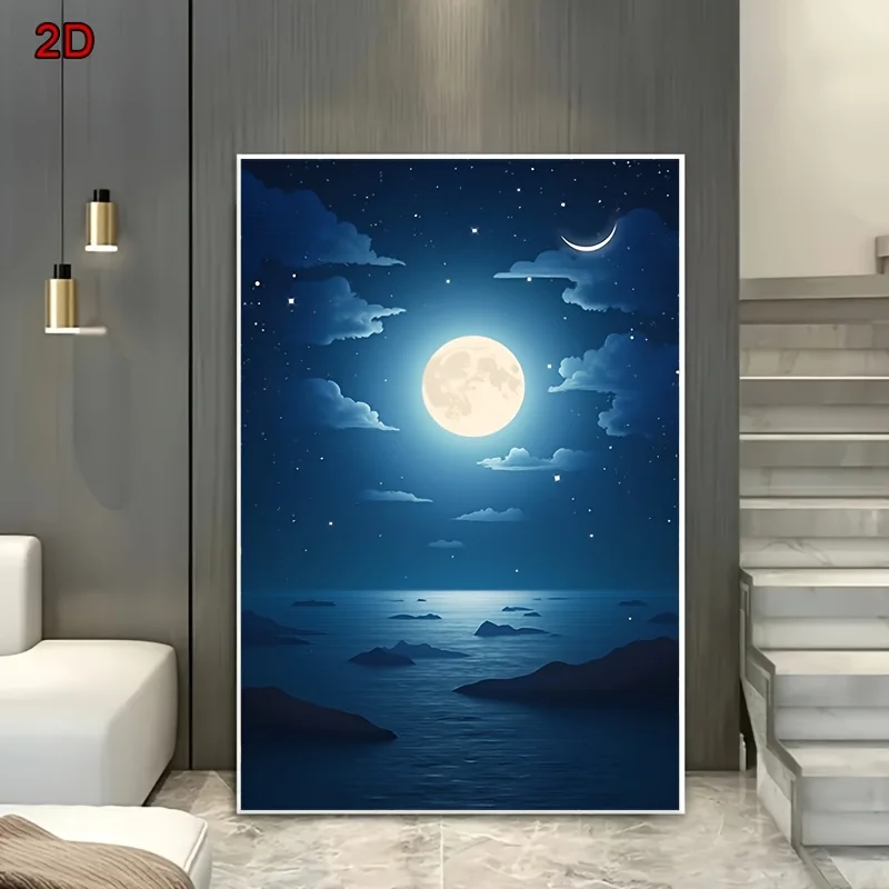 Impression plate 2D, toile de paysage marin romantique au clair de lune sans cadre - Océan tranquille, pleine lune et ciel nocturne étoilé, idéale pour la chambre à coucher,
