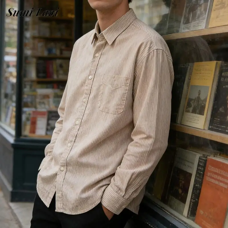 

Весенние повседневные мужские рубашки с длинным рукавом, на каждый день, с отложным воротником, на пуговицах, модные полосатые кардиганы с принтом