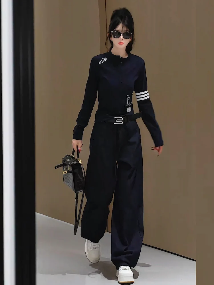 

Fashionable Slim Fit Long Sleeve Women's Set High Waist Wide Leg Pants Two Piece Suit Autumn Trendy Casual Sportswear