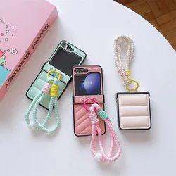 Down Jacket Style PU Leather Cover Wrist Strap Bracelet For Samsung Galaxy Z Flip 7 6 5 4 3 5G Hard Hinge Protective Phone Case