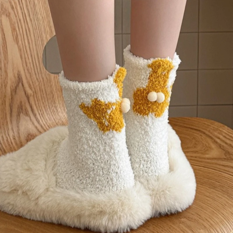 

3D Cat Egg Plush Socks Women's 2025 Winter Fashion Warm Coral Fleece Middle Tube Socks Home Floor Socks