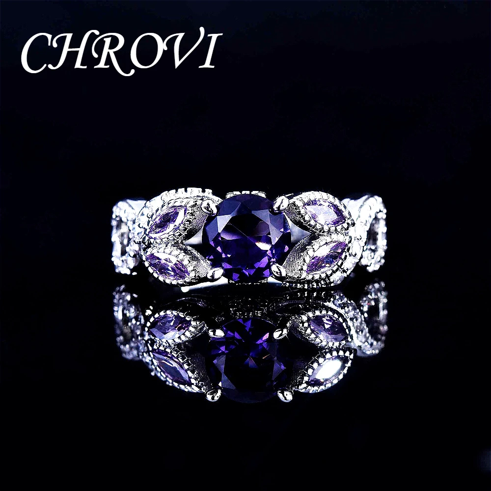 Luxury-Style 925 Sterling Silver New Model Set with Purple Crystal Ring - Full Diamond Engagement Ring for Women