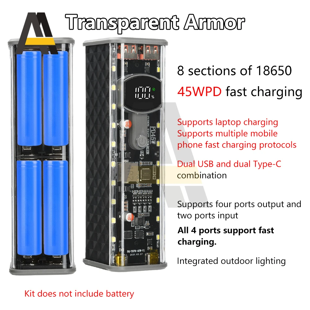 45W 8*18650 พาวเวอร์แบงค์กรณีโปร่งใสเปลือกที่ชาร์จเร็วกรณีที่ถอดออกได้แบตเตอรี่ชาร์จกล่องเก็บไม่มีแบตเตอรี่