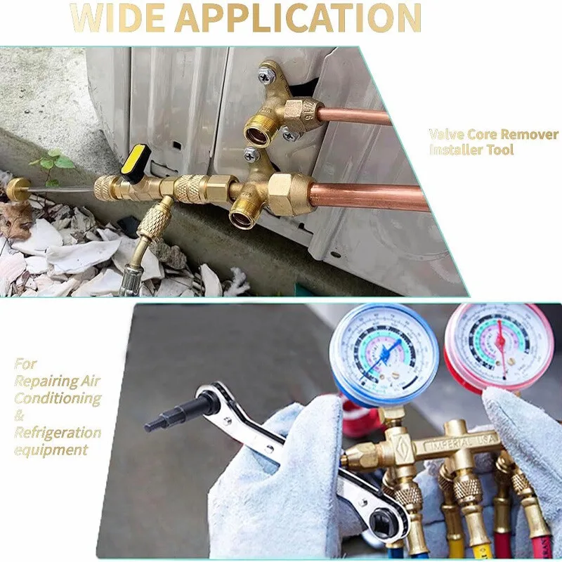 أداة تثبيت مزيل الصمام الأساسي ومفتاح خدمة HVAC مع مجموعة محول لقمة سداسية