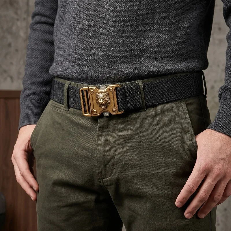 Men’s Business Casual Fashion Belt with Quick Insert Buckle Tactical Style Webbing Luxury Tiger Head Decoration Durable