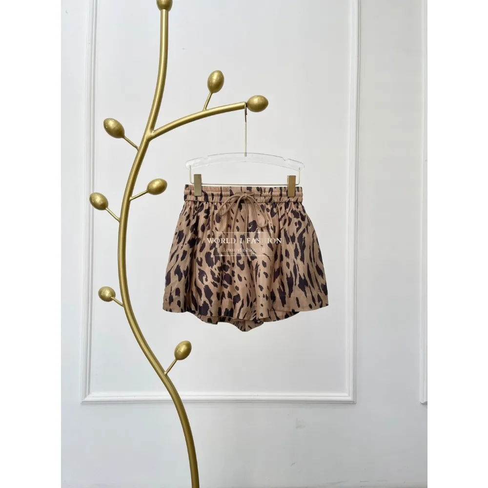 

Women's 2025 Brown Leopard Print Long Sleeve Ruffles Blouse Tops and Shorts Set High Quality