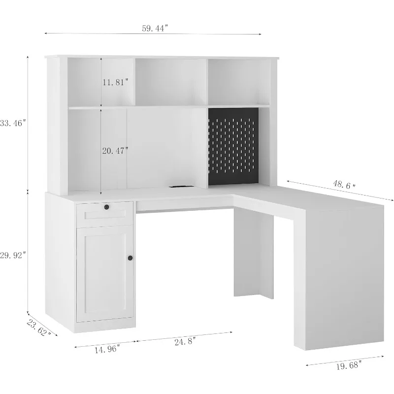 L-shaped Desk with Kitchen Cabinets, Drawers and Bookshelves and LED Lights, Wooden Computer Desk with Charger