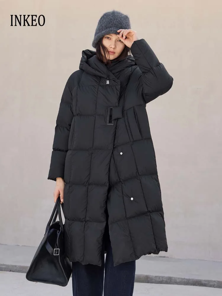 

Luxury Women's Long hooded down jacket 2024 Winter Warm Oversize puffer coat Design solid color parkas Female Fluffy INKEO DJ013