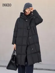 Luxury Women's Long hooded down jacket 2024 Winter Warm Oversize puffer coat Design solid color parkas Female Fluffy INKEO DJ013