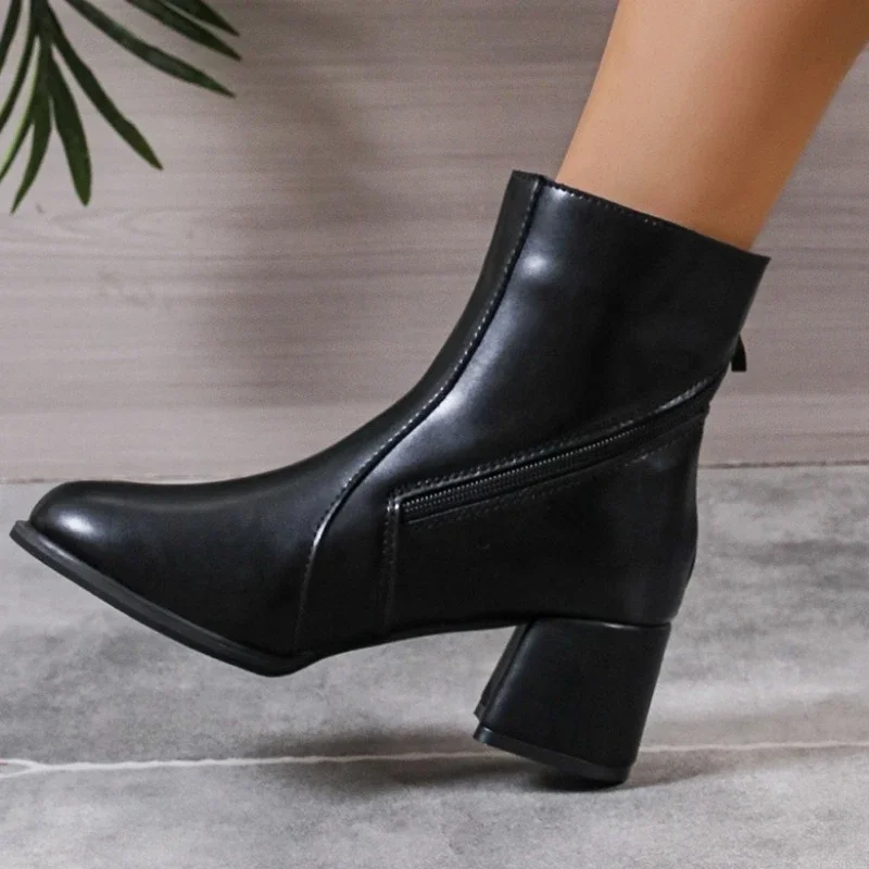 

Black Women's Boots 2024 Autumn/Winter New Fashion Thick Heel Round Head Side Zipper Versatile Casual Women's Boots