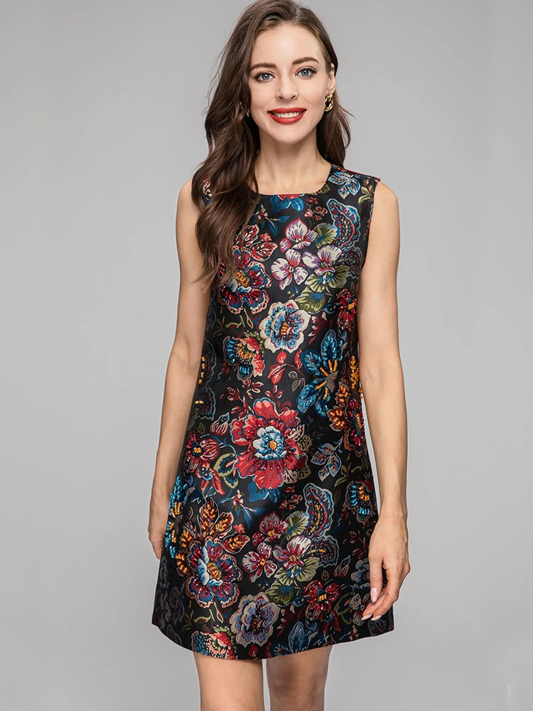 

Fashion Jacquard Women Dresses O-Neck Sleeveless Summer Flower Printed Street Vacation Mini Vestidos