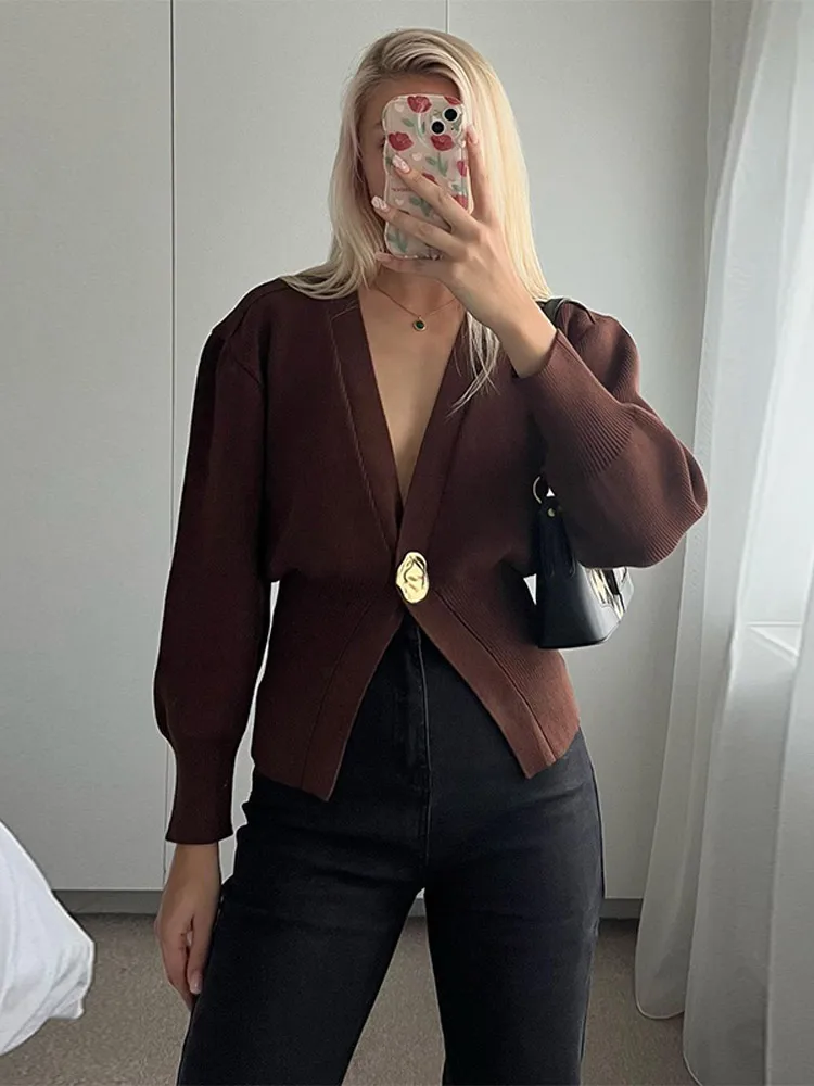 Women Chic Deep V-neck One Button Splicing Cardigan Elegant Long Sleeve Knitted Sweater New Lady Commute Versatile Streetwears