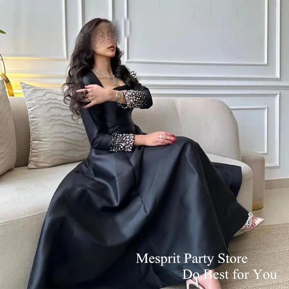 Simple Black Evening Dress Full Sleeves Square Neck Beads Ankle Length A Line Satin Party Gown for Wedding بروم دريسيس