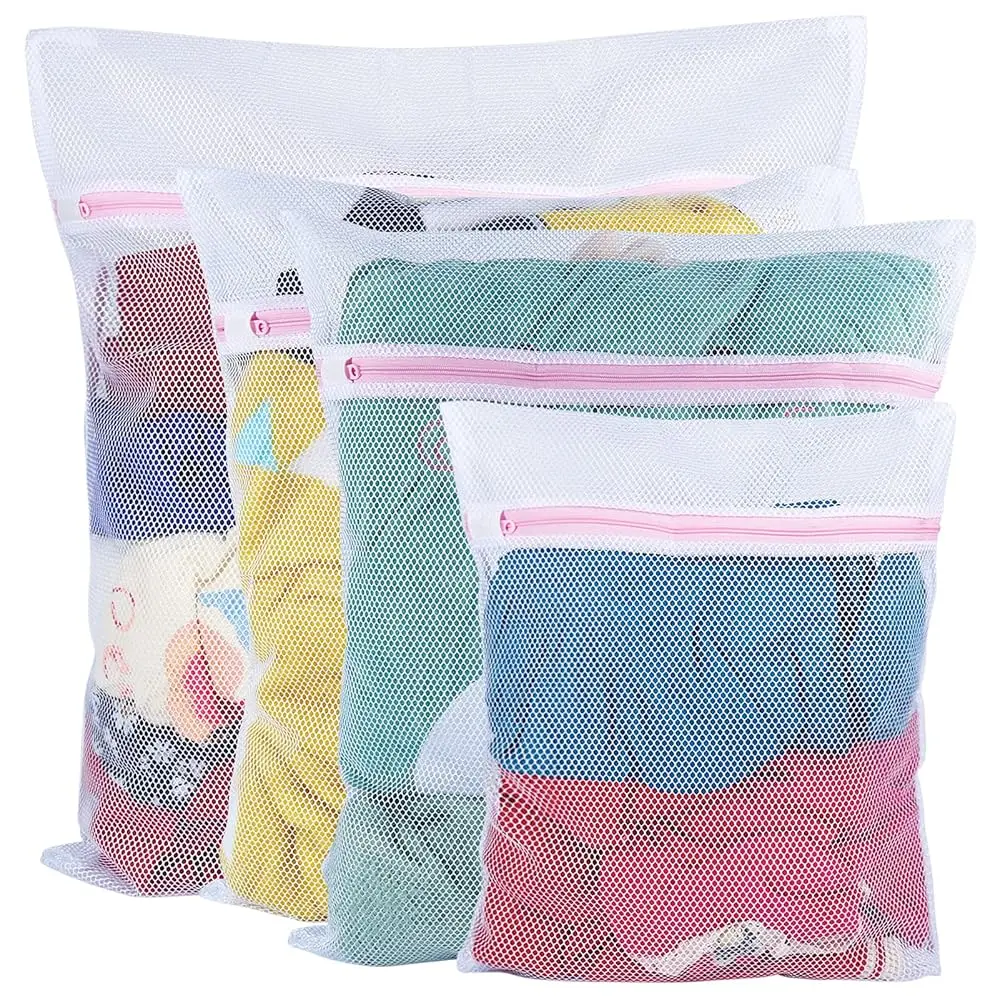 Mesh Laundry Bags, 4pcs Durable Coarse Mesh Wash Bags with Zipper for Washing Machine, Delicates, Lingerie, Socks, Shoes and