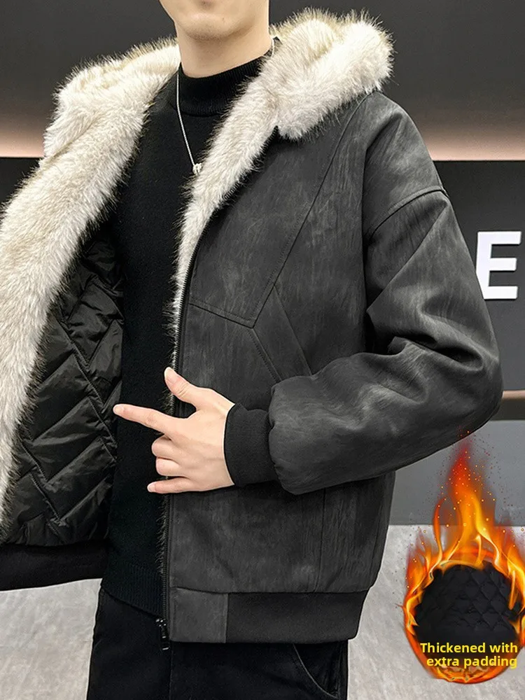 

Winter New Men's Jaet Thiened Hooded Cotton Padded Coat Water-Resistant Mink Imitation Fur Warm Youth Faion Long Sve