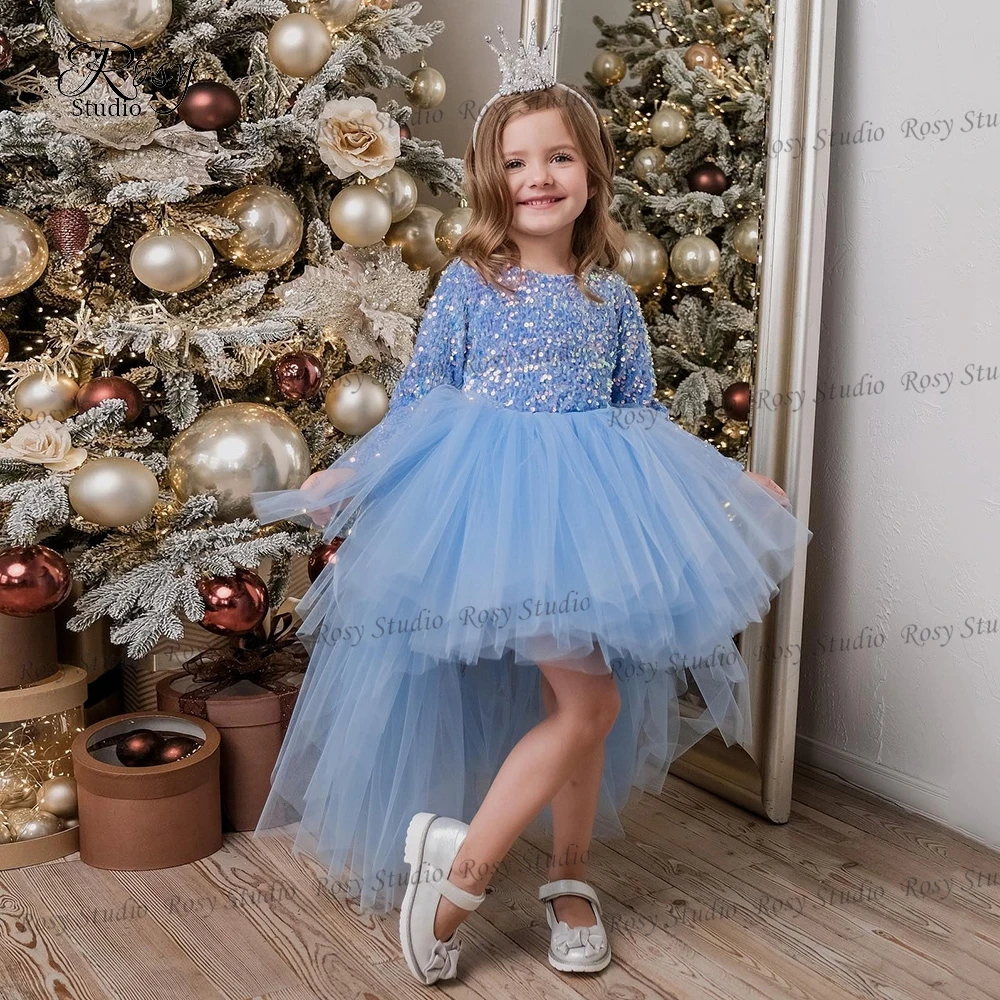 Elegante o-collo fiori blu ragazze abiti maniche lunghe fiocco Glitter paillettes vestito da ballo alto basso bambini festa di compleanno vestito