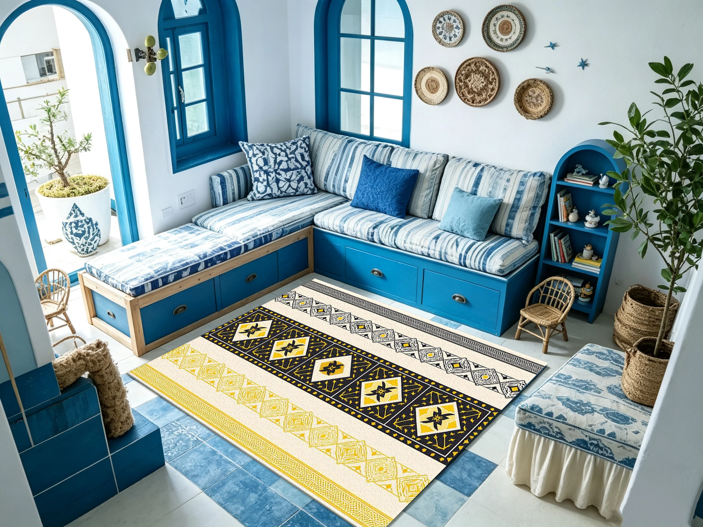 Ethnic-Style Decorative Border Pattern Carpet Floor Mat for Home Hallway Entrance Decoration