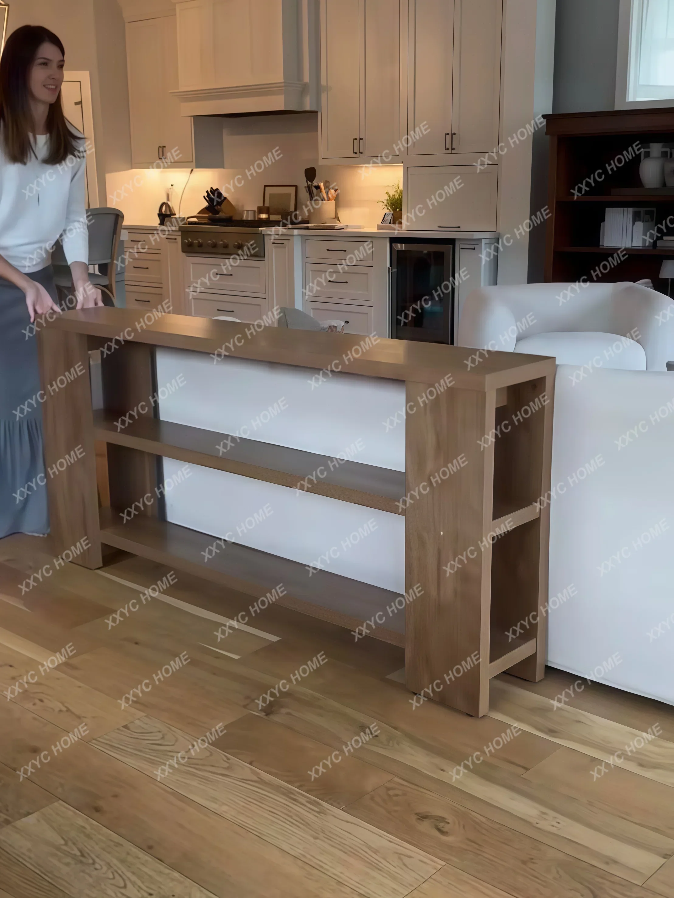 New arrive wooden entrance table, long strip multi-layer shelf, log color display cabinet, solid wood sofa back few