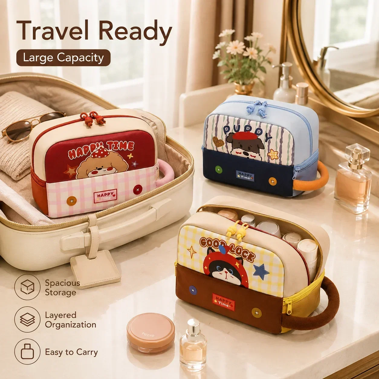 Fashionable Oxford Cloth Cosmetic Bag, Waterproof Makeup Storage Pouch with Removable Dividers for Travel