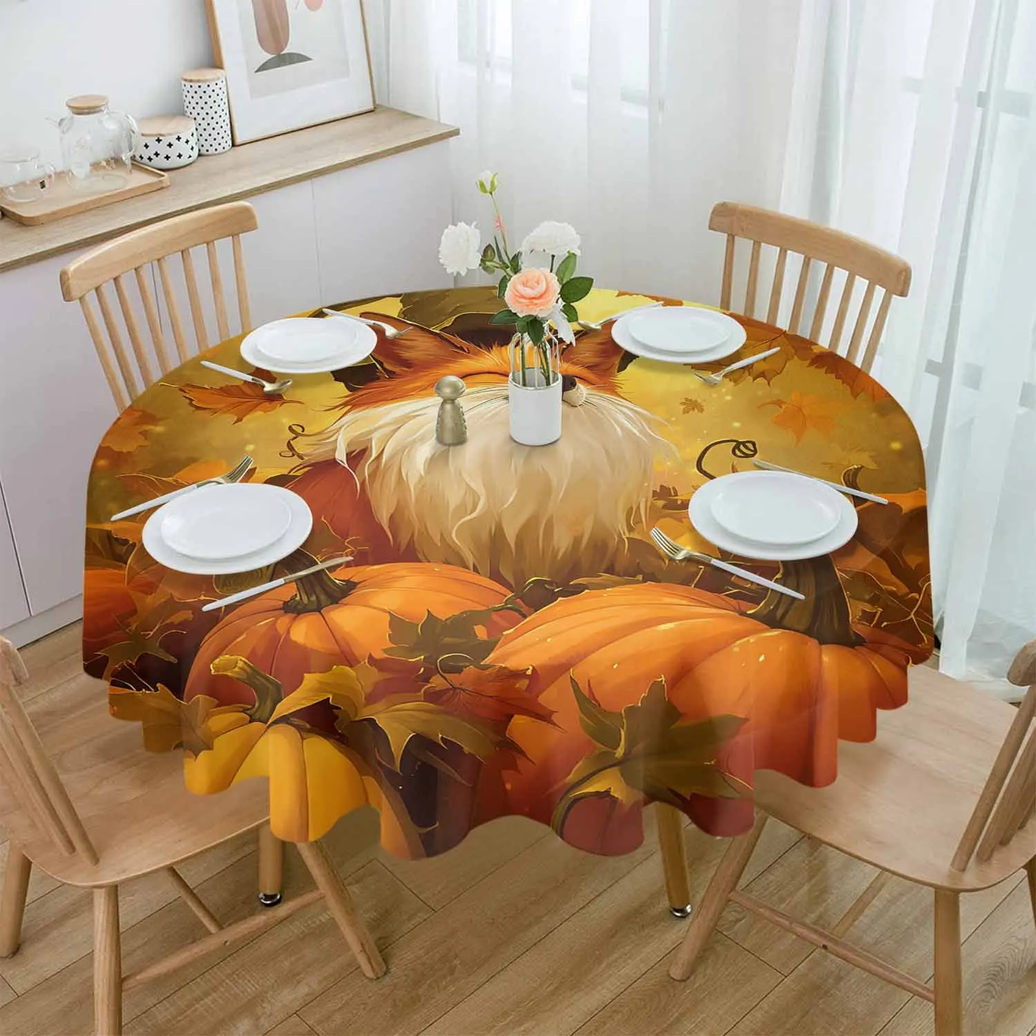 

Fall Pumpkin Fox Round Table Cloth Festival Dining Tablecloth Waterproof Table Cover for Wedding Party Decor