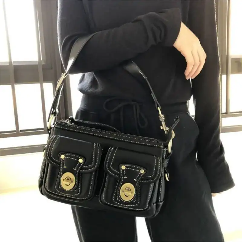 Bloom Vintage Moto Biker Black Shoulder Bags Women Retro High Street Leather Chic Pocket Underarm Bag Ladies Y2k Handbag Purse