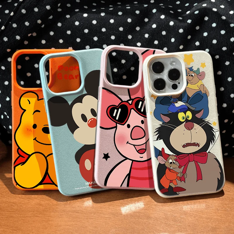 Disneys Mickeys family Fashion TPU Imitation Leather Phone Case For iPhone 16 Plus 15 14 13 12 11 Pro Max Shock-absorbing