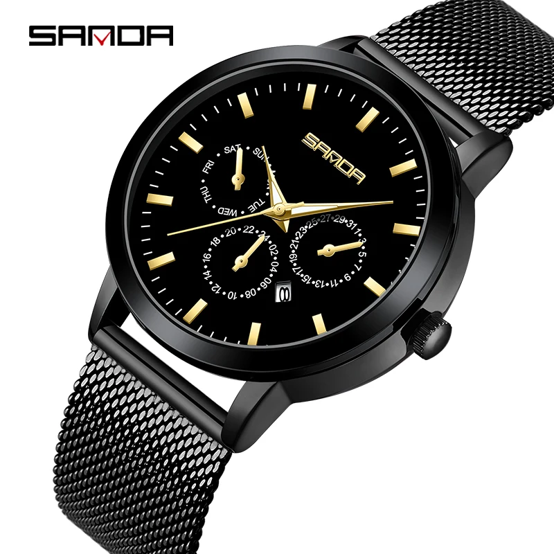 

Fashion Sanda Sports Six-pin With Calendar Waterproof Business Leather And Mesh Men's Montre Homme Date Clock Stop Wrist Watches