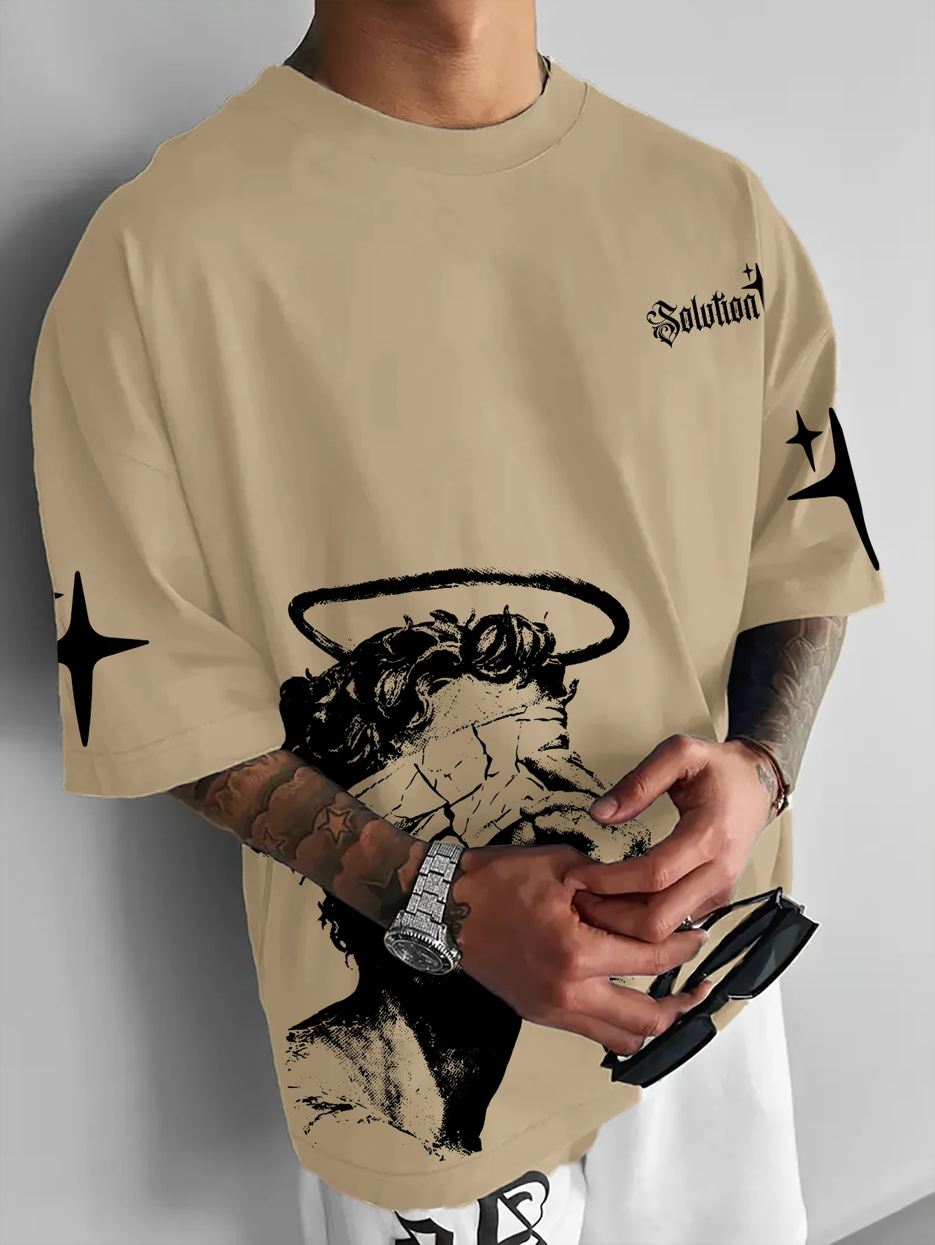 Men Pink Oversized T-Shirt Crack Blindfold Angel Statue Solution Gothic Star Sleeve Print Streetwear Summer Tee