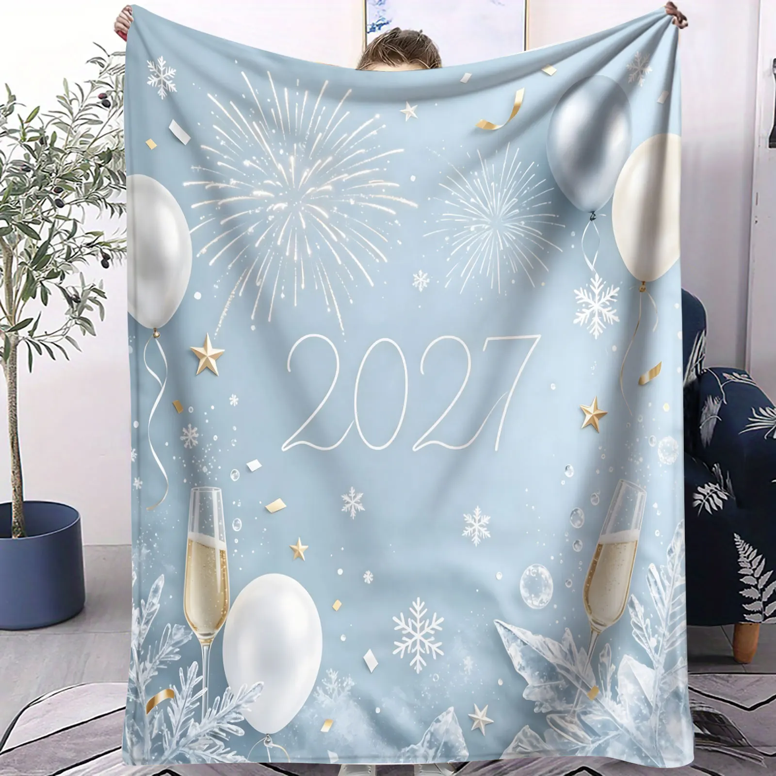 2027 New Year Flannel Throw Blanket Light Blue Balloon Snowflake Print Soft Flannel Microfiber Cozy Blanket Holiday Home Decor