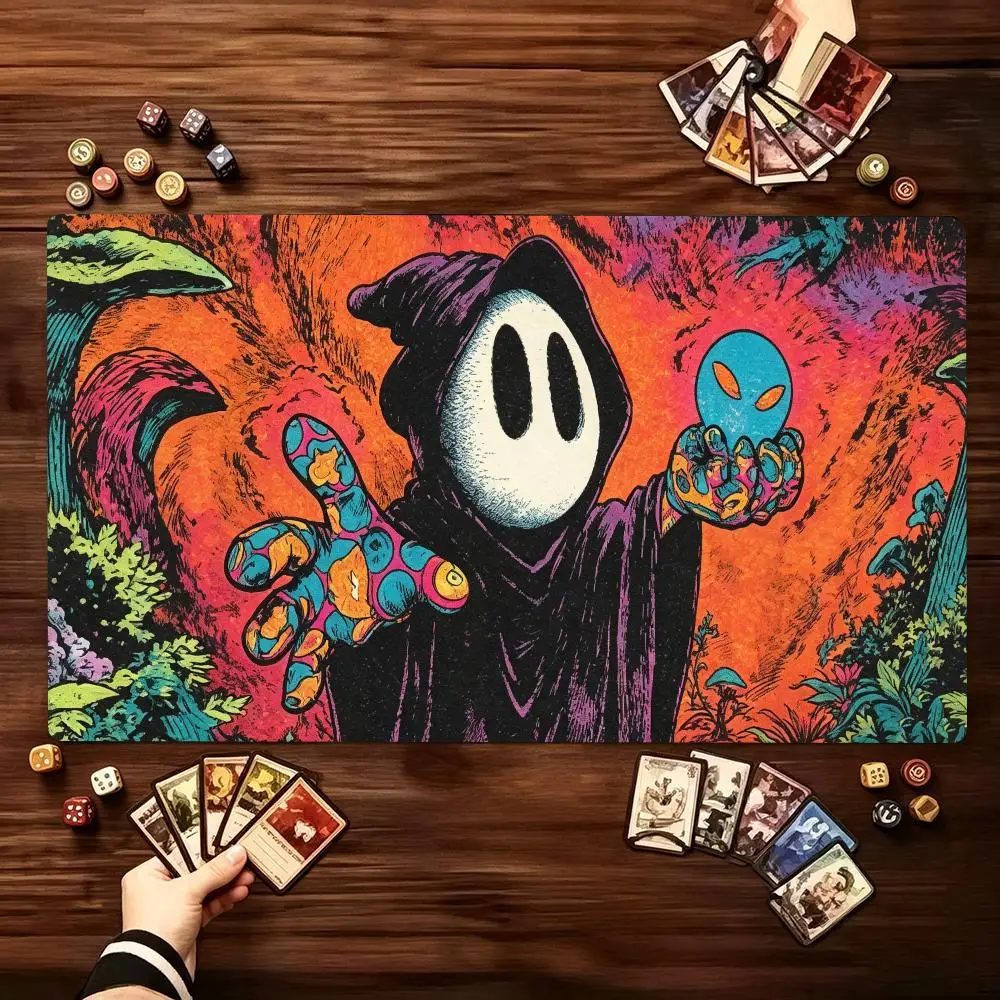 Psychedelic Dark Mage Character Large Game Playmat Non Slip Rubber Table Mat Stitched Edge For Card Game Desk Laptop Gaming