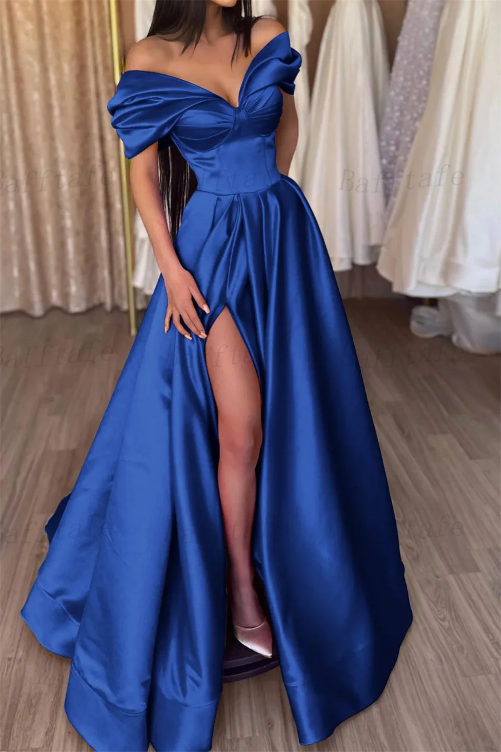 Bafftafe A Line Satin Women Evening Dresses Off The Shoulder Slit Long Prom Gowns Formal Special Occasion Party Dress Customized