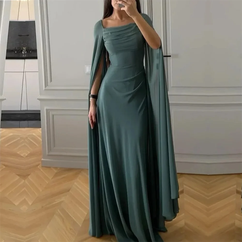 

Elegant Square Neck Pleat Evening Dress Ankle Length Formal Long Prom Gown Sweep Train Classic Simple Party Woman Dress New