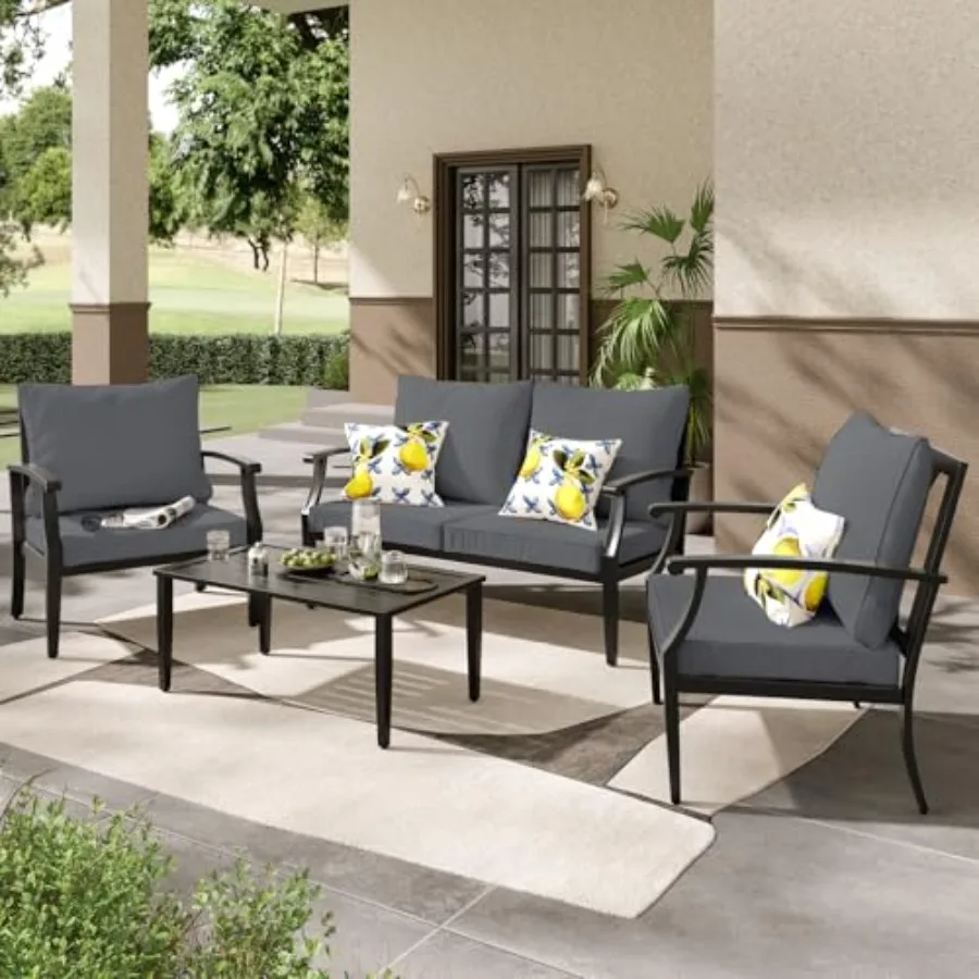 4 Pieces Patio Furniture Set for Backyard Garden: Metal Sofa with High Back Thick Cushion, Loveseat + Coffee Table, Grey