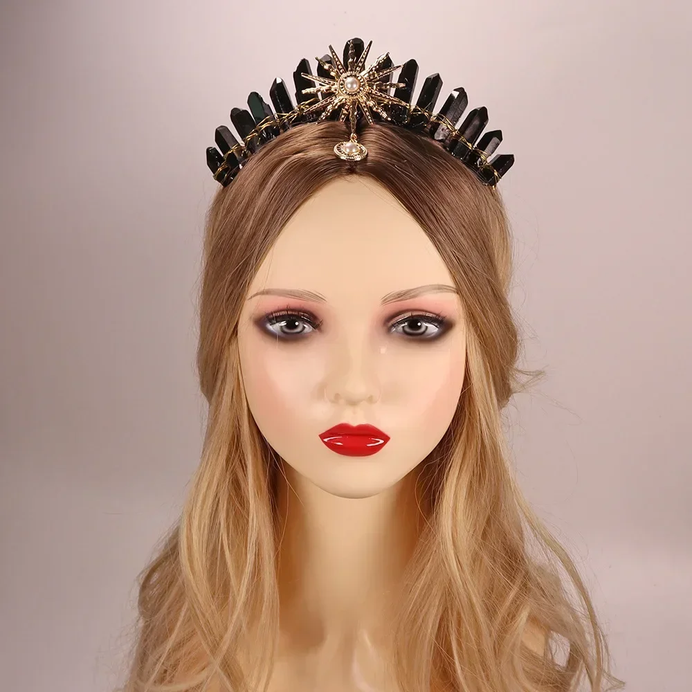 Raw Crystal Crown The Sun Goddess Crystal Tiaras Jewelry Hair Accessories with Pearl Pendant