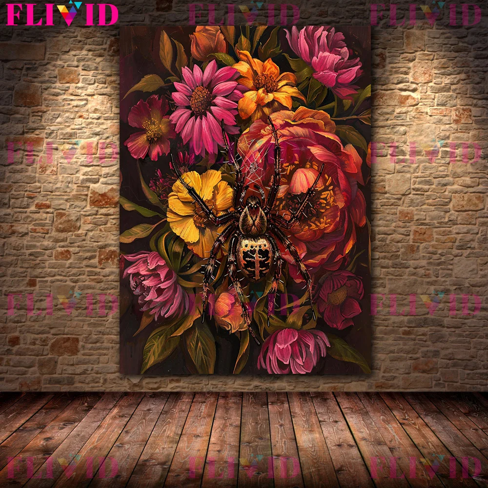 Skull Head Moth And Floral Spider Wall Art Canvas Painting,Dark Magic Creatures And Floral Art,Poster And Print Home Decoration
