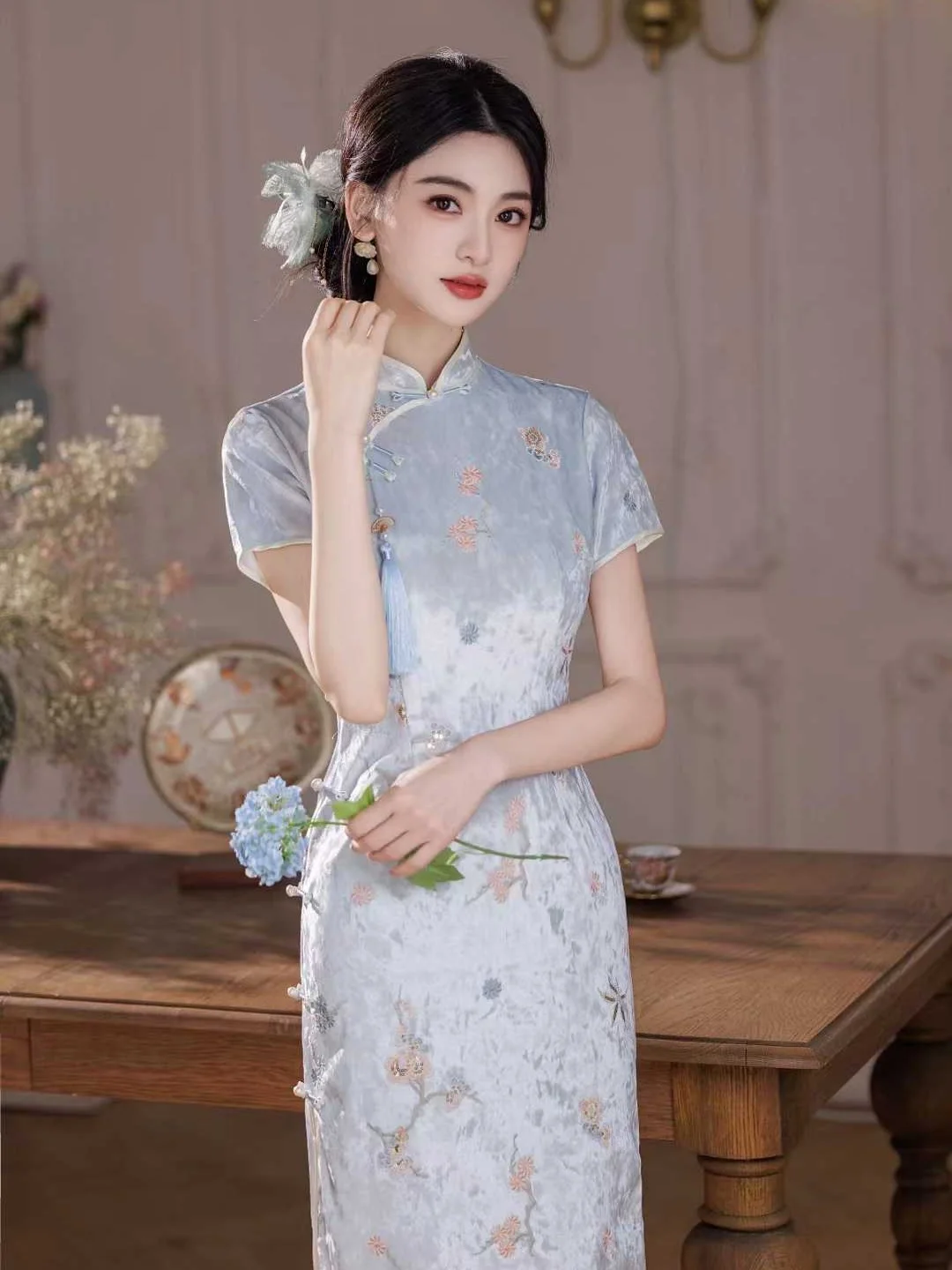 

Blue Velvet Young Style Improved Qing Dynasty Women's Elegant Daily Wear Comfortable Breathable Short Sleeve Long Q...